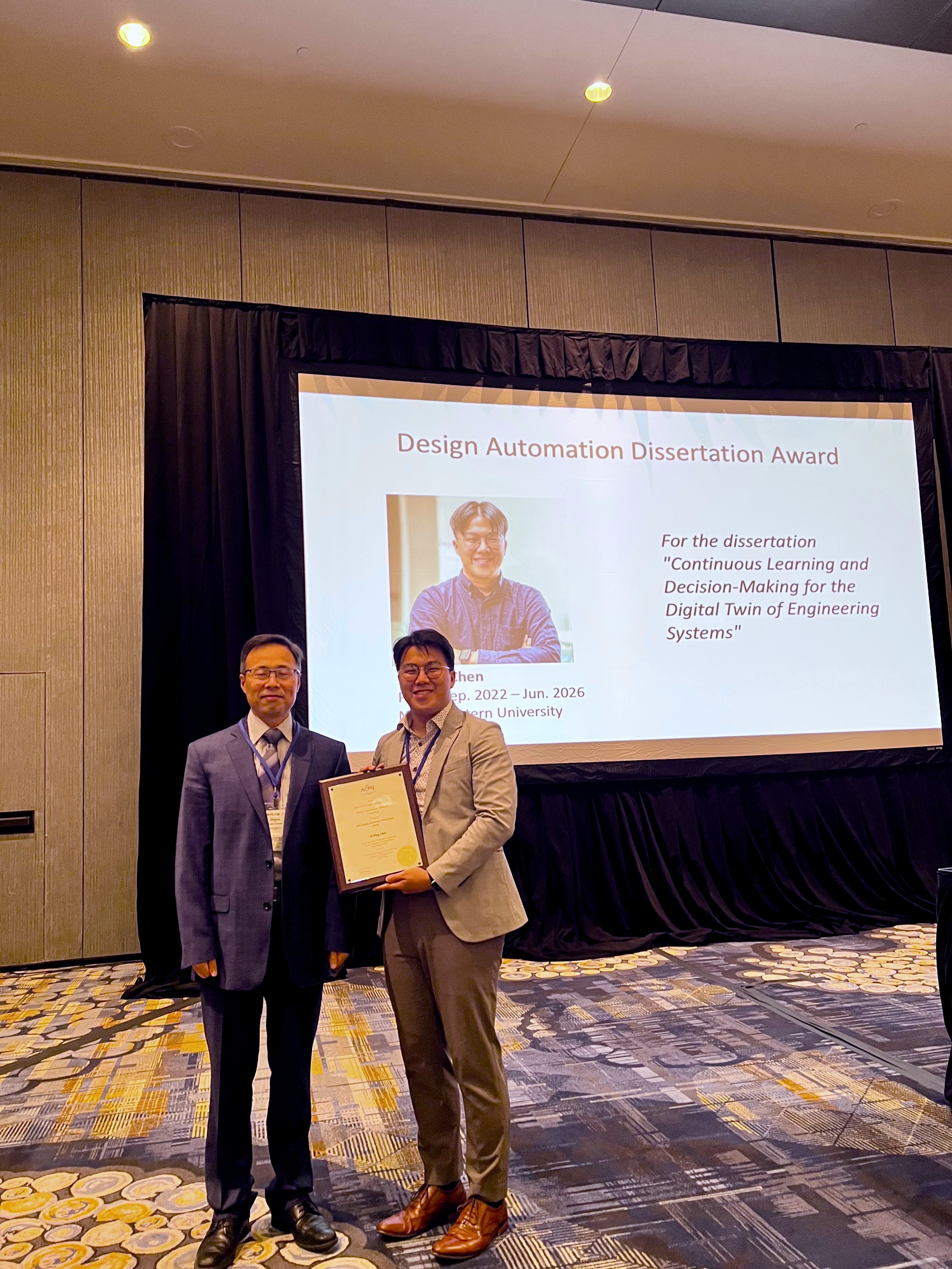 Yi-Ping Chen receiving the 2026 ASME Design Automation Dissertation Award